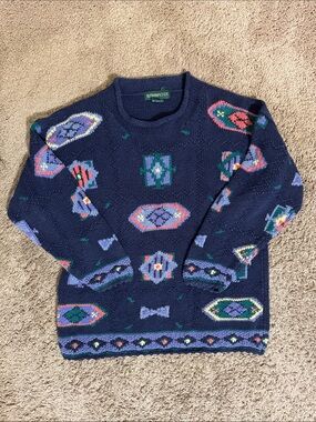 VTG Women's Roll Neck Knit Sweater Navy Pattern Oversized S Cottagecore Granny